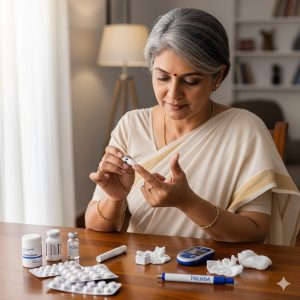Confident middle aged female managing her diabetes at her home using glucometer and insulin under care of Dr. Ankur Sharma, Diabetologist, Pune at Sharma Specialty Clinic