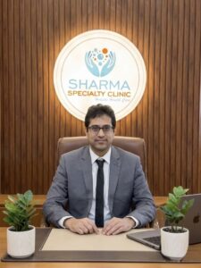 Doctor Ankur Sharma seated at his clinic, Sharma Specialty Clinic at Erandwane and Bhukum