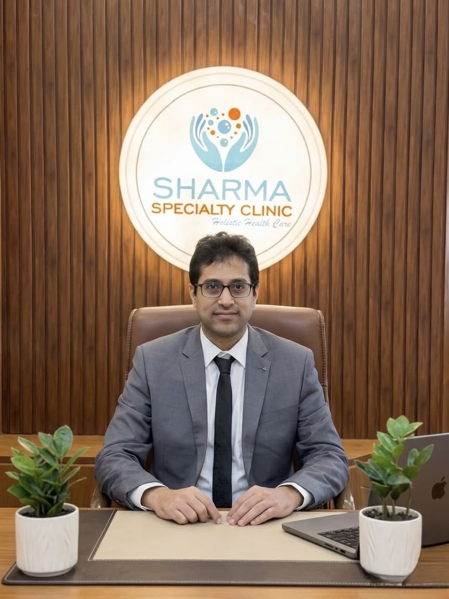 Doctor Ankur Sharma seated at his clinic, Sharma Specialty Clinic at Erandwane and Bhukum
