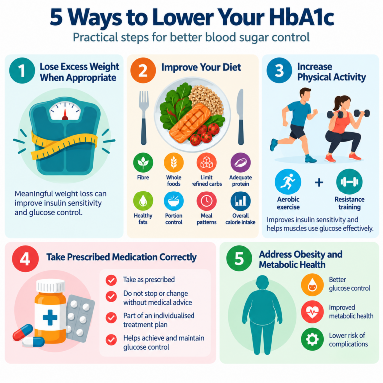 visual showing 5 ways to lower HbA1c levels